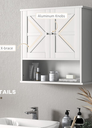 Farmhouse Bathroom Medicine Cabinet, Wall Cabinet with Barn Doors and Adjustable Shelf for Laundry Room, White