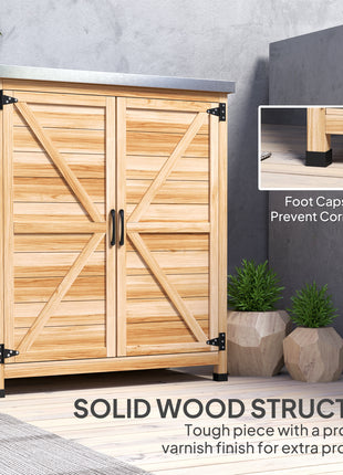 Wooden Storage Cabinet, Outdoor Prep Table w/ Metal Tabletop, Shelves and Double Doors for Patio, Garden, Natural Wood