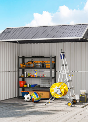 8' x 5.5' Metal Garden Storage Shed, Extra Large Outdoor Tool Storage House w/Lockable Doors, Window, Air Vents, Gray
