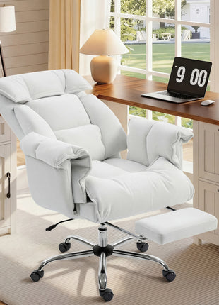 High Back Office Chair, Reclining Desk Chair with Footrest, High Resilience Foam, Rolling Wheels, Cream White