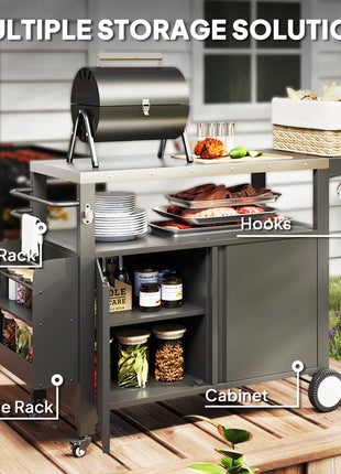 Outdoor Grill Cart Table with Stainless Steel Top, Movable Pizza Oven Table with Foldable Side Table, Wheels