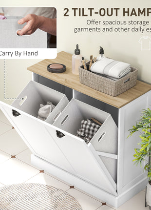 Dual Tilt out Laundry Hamper Cabinet with 2 Removable Basket, Modern Bathroom Storage Cabinet with Shaker Doors and Handles, White