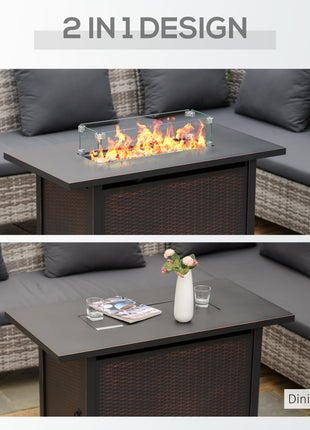 43 Inch Outdoor Propane Gas Fire Pit Table, 50,000 BTU Auto-Ignition Rectangular Wicker-effect Gas Firepit with Glass Wind Guard, Lid, Glass Beads, Steel Base, CSA Certification, Bronze