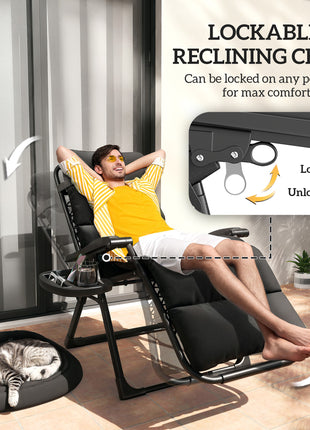 Zero Gravity Lounge Chair Set, 2 Pieces Reclining Folding Outdoor Lounge Chairs with Cushion, Headrest, Side Tray, Black