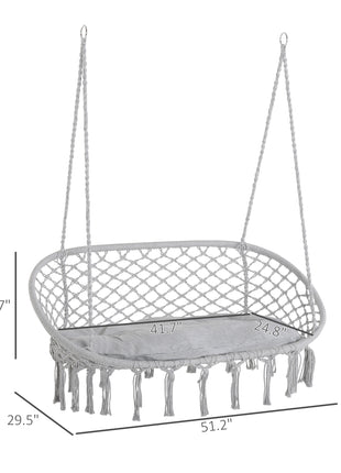 2-Person Hammock Chair Macrame Swing with Soft Cushion, Hanging Cotton Rope Chair for Indoor Outdoor Home Patio Backyard, Light Gray