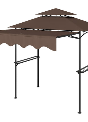 8' x 7.6' Outdoor Grill Gazebo, Barbecue Gazebo Shelter with Side Awning, 2 Side Shelves and 6 Hooks, Brown