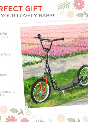 Youth Scooter Kick Scooter for Kids 5+, Max Load 220 LBS., with Adjustable Handlebar, 16" Inflatable Wheels, Dual Brakes, Black