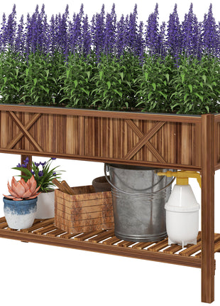 Raised Garden Bed, 47 x 22 x 31.5 in Elevated Wood Planter Box with Storage Shelf, Drainage Holes and Liner, Carbonized