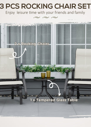 3-Piece Outdoor Gliders Set Bistro Set with Steel Frame, Tempered Glass Top Table for Patio, Garden, Backyard, Lawn, Cream White