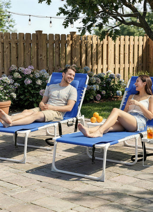 Tanning Chair Set of 2 with Face Hole and Side Table, 5-Position Folding Outdoor Chaise Lounge Chair, Navy Blue