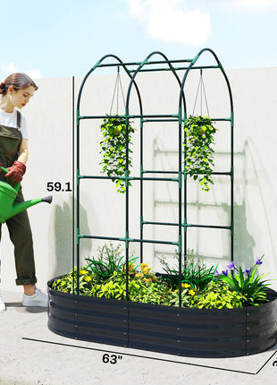Galvanised Raised Garden Bed with Arched Trellis, 5 x 3 x 6ft Metal Outdoor Planter Box with Open Bottom, Dark Gray