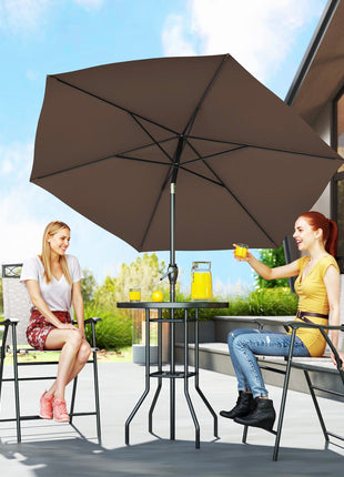 4 Piece Outdoor Bar Set with Umbrella, Patio Dining Set with 2 Folding Chairs, Wave Textured Tempered Glass Table for Backyard, Garden, Deck, Poolside, Beige