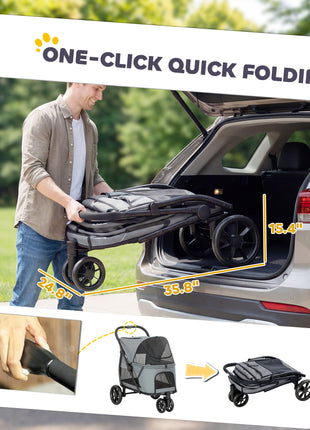 3 Wheel Pet Stroller with Easy One-Click Quick Fold, Mesh Window, Washable Cushion, for Medium Dogs, Gray