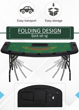Poker Table Foldable, 72" Blackjack Table for 7 Players with Chip & Cup Holder, Green Felt