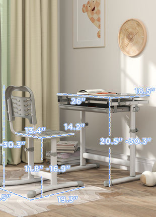 Height Adjustable Kids Desk and Chairs Set with Tilt Desktop, Storage Drawer, Pen Slot, Hook, Gray
