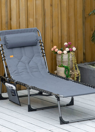 Padded Folding Chaise Lounge Chair, Outdoor 6-Level Reclining Camping Tanning Chair with Headrest for Beach, Yard, Patio, Pool, Gray