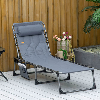 Padded Folding Chaise Lounge Chair, Outdoor 6-Level Reclining Camping Tanning Chair with Headrest for Beach, Yard, Patio, Pool, Gray
