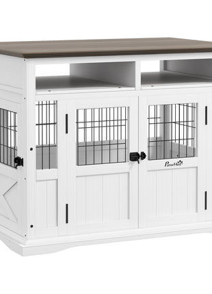 Dog Kennel Furniture Side End Table with Storage, Double Doors for Small and Medium Dogs, White