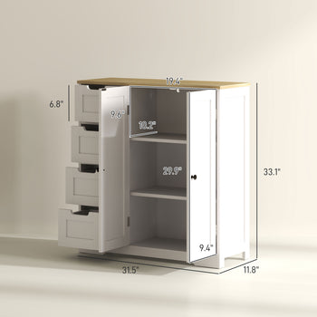 Freestanding Bathroom Floor Cabinet, Modern Bathroom Cabinet with Adjustable Shelf, 4 Drawers and 2 Doors, White