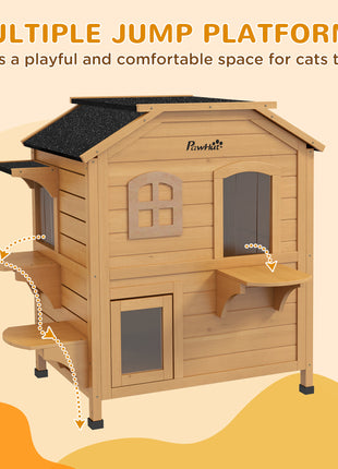 2-story Cat House Outdoor, Weatherproof Wooden Cat Enclosure for Feral Cats with Escape Door, Openable Roof, Jumping Platforms, Natural