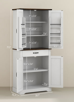 71" Tall Kitchen Cabinet, Farmhouse Pantry Cabinet w/ Barn Doors, 6 Shelves w/ 2 Doors, Drawer and Adjustable Shelves, White