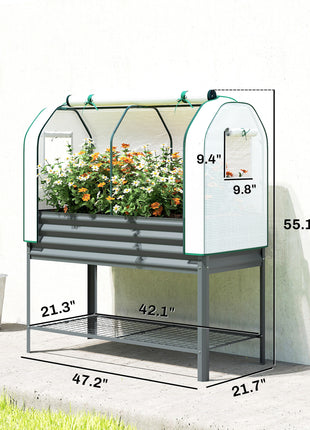 Galvanised Raised Garden Bed with Greenhouse Cover, Metal Elevated Garden Bed with Bed Liner, Bottom Shelf, Dark Gray