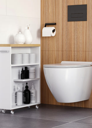 Slim Bathroom Cabinet with Castor Wheels Storage Organizer and Wood Shelves To Fit In Small Spaces, White