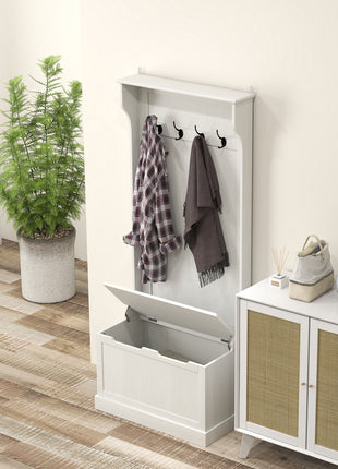Hall Tree with Coat Rack, Storage, and Sitting Bench, Cream White