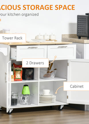 41" Modern Rolling Kitchen Island on Wheels, Utility Cart Storage Trolley with Rubberwood Top & Drawers, White