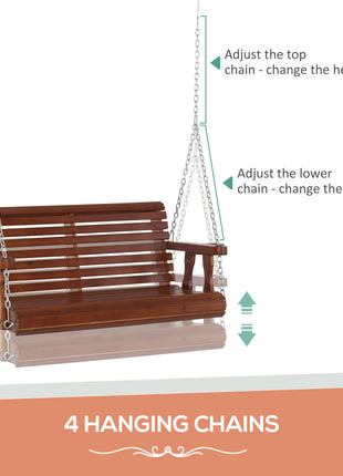 Porch Swing with Chains and Cupholders, 2 Person Wooden Patio Swing Chair, 440 lbs. Weight Capacity, for Garden, Poolside, Backyard, Brown