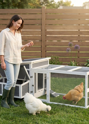 Wooden Chicken Coop with Nesting Box, Pull Out Tray, Run, Perches, Ramp, Windows for 6 Chickens, Dark Gray