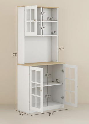 Kitchen Pantry Cabinet, 72" Freestanding Storage Cabinet with Hutch, Large Countertop, Glass Doors and Adjustable Shelves, Microwave Cabinet, Coffee Bar Cabinet for Dining Room, White