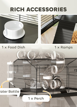 2 Tier Hamster Cage with 12" Deep Tray, Tube System, Water Bottle, Ramp, Feeding Bowl, 23" x 17" x 22", Black