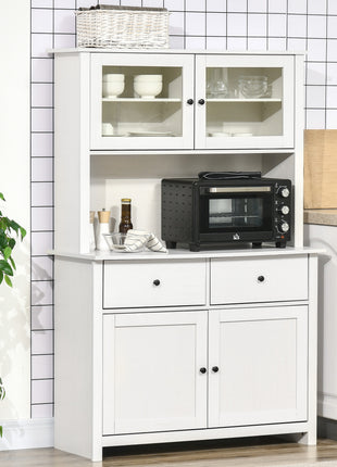 63.5" Kitchen Buffet with Hutch, Pantry Storage Cabinet with 4 Shelves, Drawers, Framed Glass Doors, Open Microwave Countertop, Antique White