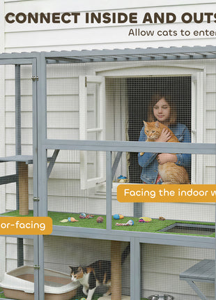Catio Outdoor Cat Enclosure, 77" H Wooden Cat House with Weatherproof Roof, Platforms and Scratching Post