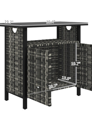 Outdoor Pool Towel Storage Cabinet Organizer, Outdoor Bar Table with Shelf and Cabinet, Pool Towel Holder Pool Valet with Weather-Resistant PE Rattan and Steel Frame, Mixed-Gray