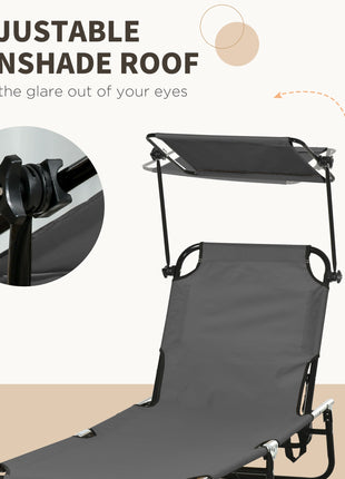 Pool Chaise Lounge Chairs Set of 2, Folding Lounge Chairs with Sunshade, Reclining Back, Steel Frame, Dark Gray