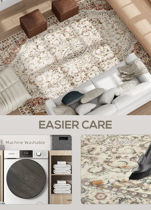 Area Rug 8x10, Machine Washable Rug, Non-Slip Classical Floral Print Floor Carpet for Living Room, Bedroom, Mixed-Brown
