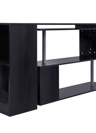 55" 360° Rotating Corner Computer Desk Modern L-Shaped Home Office Workstation with 3-Tier Storage Shelves, Bookshelf, Black