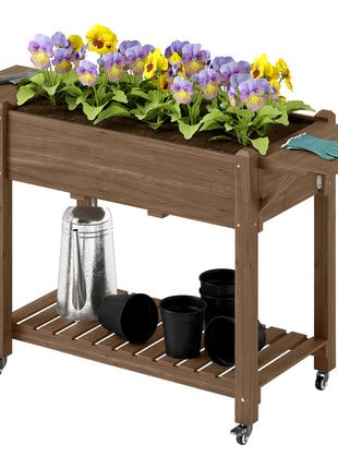 Wood Raised Planter Box, Elevated Garden Bed with Lockable Wheels, Side Tables, Bottom Shelf, Drain Holes, Carbonized