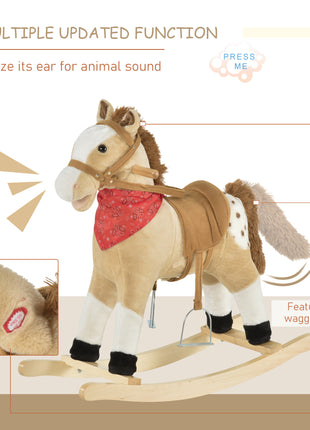 Kids Plush Ride-On Rocking Horse Toy Cowboy Rocker with Fun Realistic Sounds for Child 3-6 Years Old, Beige