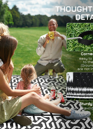 Reversible Outdoor Rug Carpet RV Camping Rugs with Carry Bag, 9' x 18', Black & White Chain