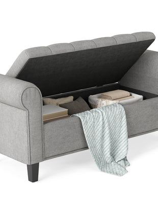 50 Inches Storage Ottoman, End of Bed Bench with Rolled Arms, Wood Legs, Button Tufted Storage Bench, Gray