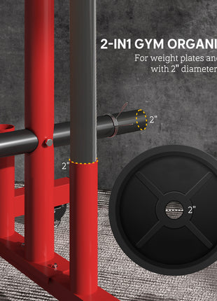 2 Inch Weight Plate Rack, Plate Rack Holder for Olympic Weight Plates and Bars, with 4 Transport Wheels and 6 Fasten Clamps, 440 lbs. Capacity, Red