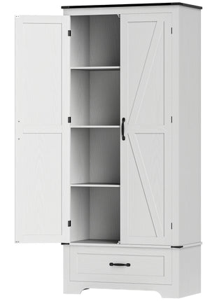 72" Farmhouse Pantry Cabinet with Adjustable Shelves, Kitchen Pantry Cabinet with 2 Doors, Distressed White