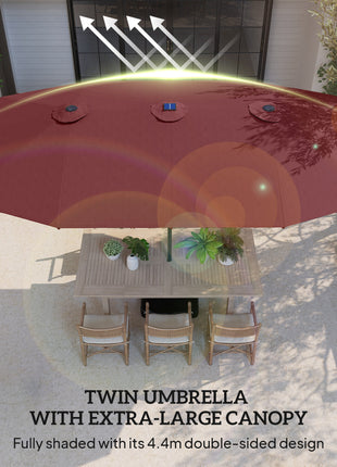 Garden Parasol 14.4ft Double-Sided Sun Umbrella with Base, Patio Parasol with LED Solar Lights, Wine Red