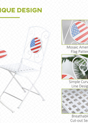 3 Piece Patio Bistro Set, Folding Outdoor Furniture with USA Mosaic Table and Chairs, Portable Metal Frames for 4th of July, Balcony, Backyard, Poolside, Porch, American Flag