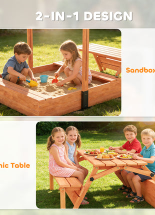 Kids Sandbox with Lid, Wooden Sand Pit with Canopy, Foldable Picnic Table, Bench Seats, Bottom Liner, Cover, Brown