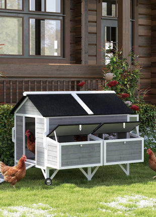 59" Wooden Chicken Coop w/ Wheels, Handles, 2 Nesting Boxes, 2 Trays, 4 Perches, Chicken Tractor for 4-6 Chickens, Gray
