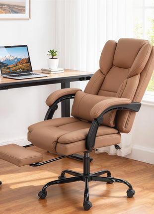 Office Chair with Massage, Pet-Friendly Faux Leather Reclining Desk Chair with Lumbar Support, Footrest, Brown